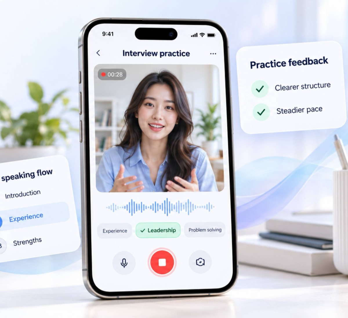 Pratique de prise de parole Eloquu sur téléphone, avec parcours et mots-clés en direct